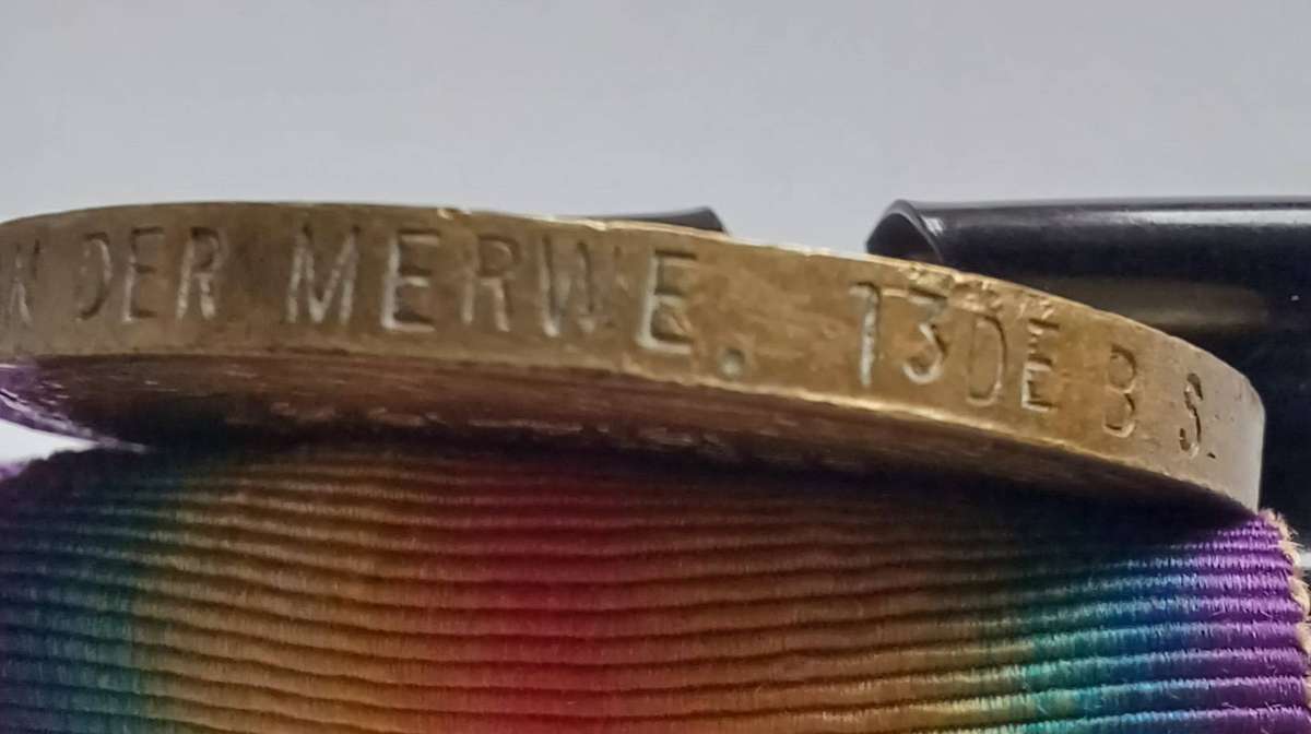 WW1 FULL SIZE MEDAL TRIO SET ("PIP-SQUEAK-WILFRED") CPL. J.J. VAN DER MERWE 13TH MR (ORIG. RIBBONS)