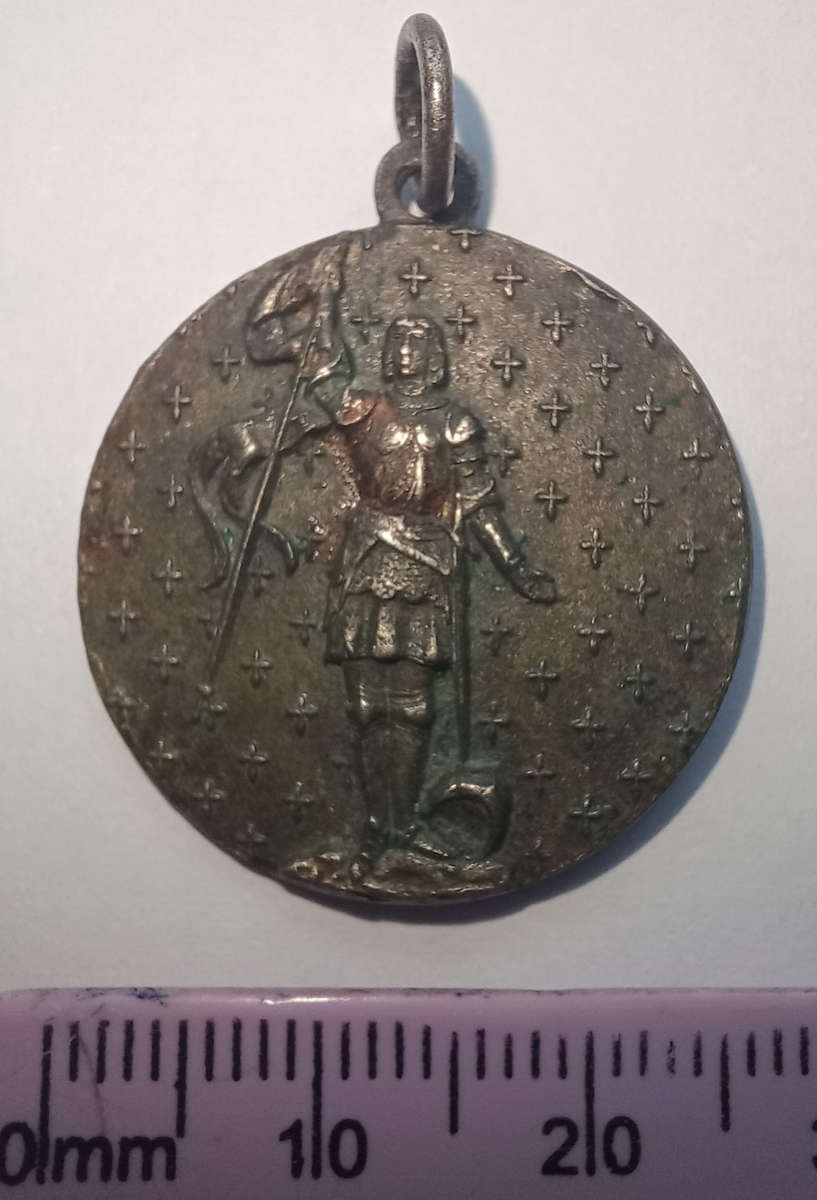 Antique Religeous French Medallion Pendant - Saint Joan of Arc - Silvered Bronze - Fleur de Lis