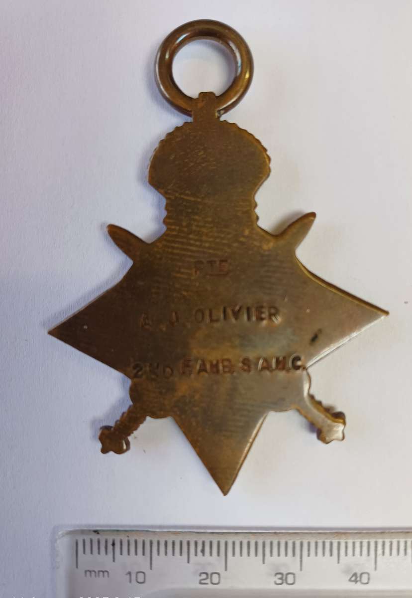 WW1_1914 -1915 STAR MEDAL (FULL SIZE) - PTE. A.O. OLIVIER _2ND FAMB SAMC