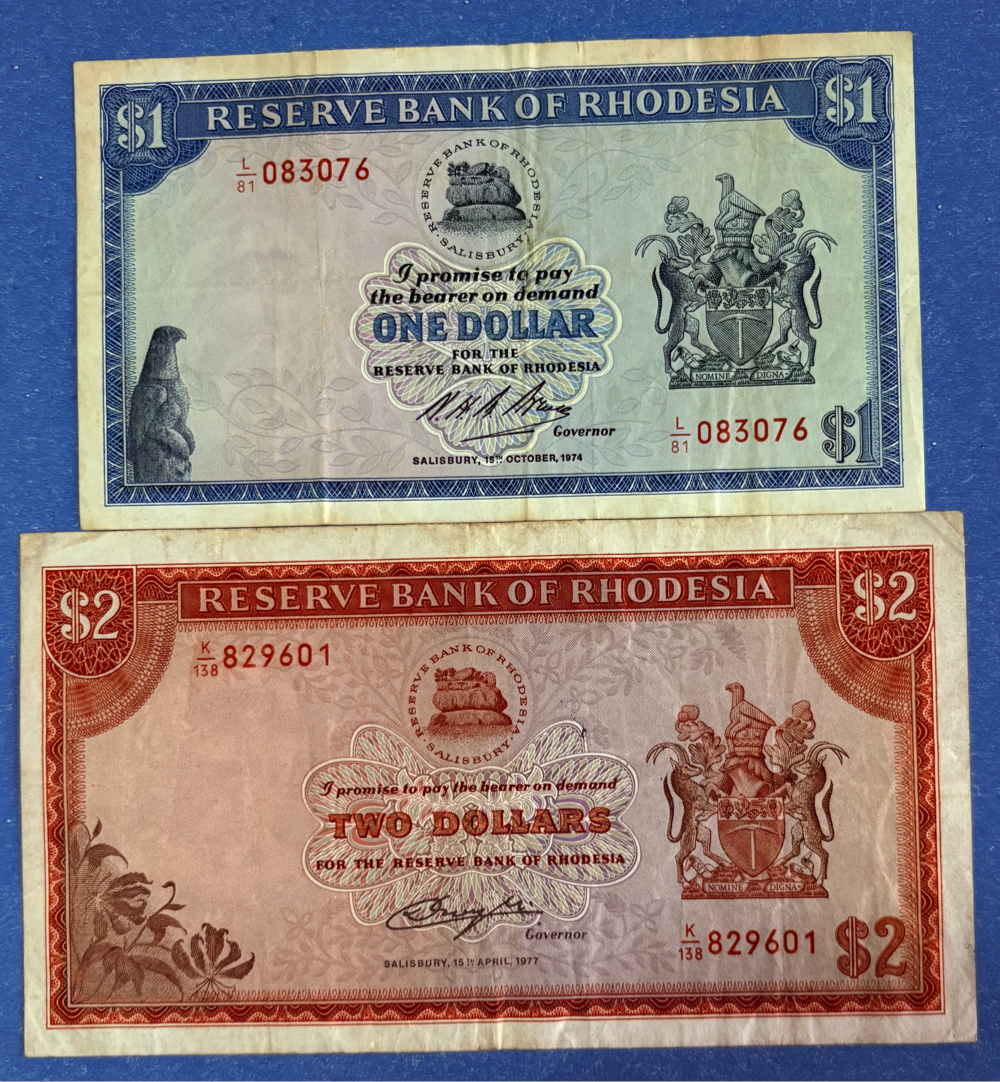 RHODESIA ONE AND TWO DOLLAR COMBO BEAUTIFUL NOTES