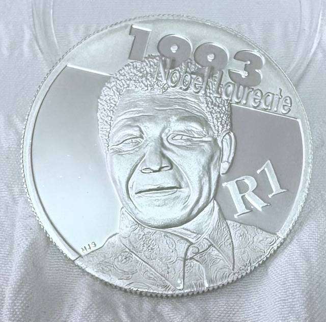 SA R1 Nobel Prize Winners Nelson Mandela 2007 in Red Mint box with certificate Sterling Silver