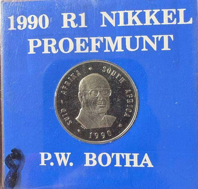 SA One Rand Nickel Proof Coin - PW Botha - in plastic cover