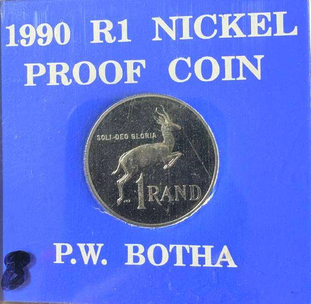 SA One Rand Nickel Proof Coin - PW Botha - in plastic cover