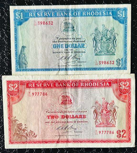 1976 RHODESIA ONE and TWO DOLLAR BANK NOTES E/F