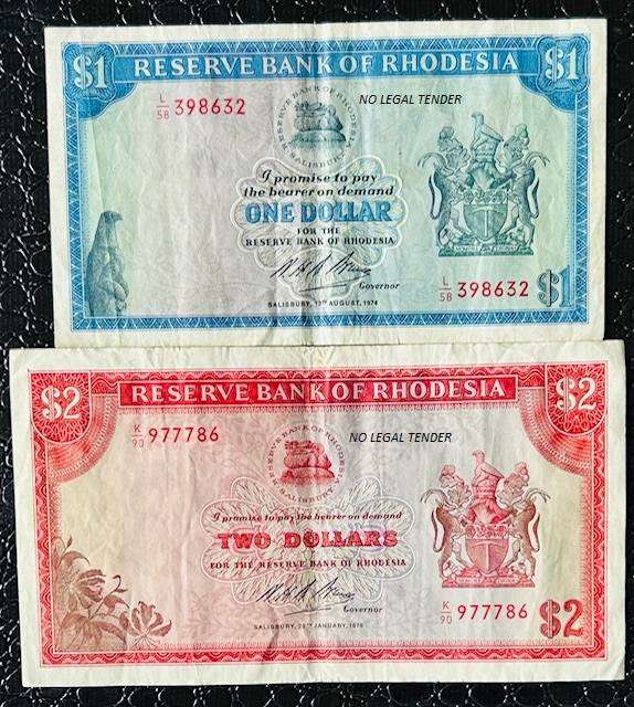 1976 RHODESIA ONE and TWO DOLLAR BANK NOTES E/F