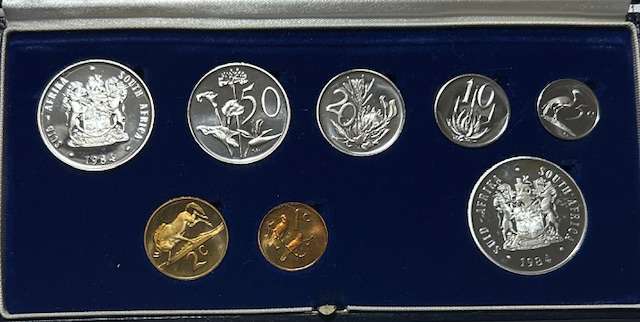 1984 South Africa Proof set Silver R1 to 1 cent and Nickel R1 in ORIGINAL blue SA mint box