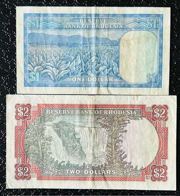 1976 RHODESIA ONE and TWO DOLLAR BANK NOTES E/F