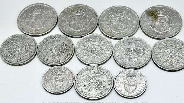 BRITISH COLLECTABLE HALF CROWS, ONE SHILLINGS AND HALF SHILLINGS (9COINS)