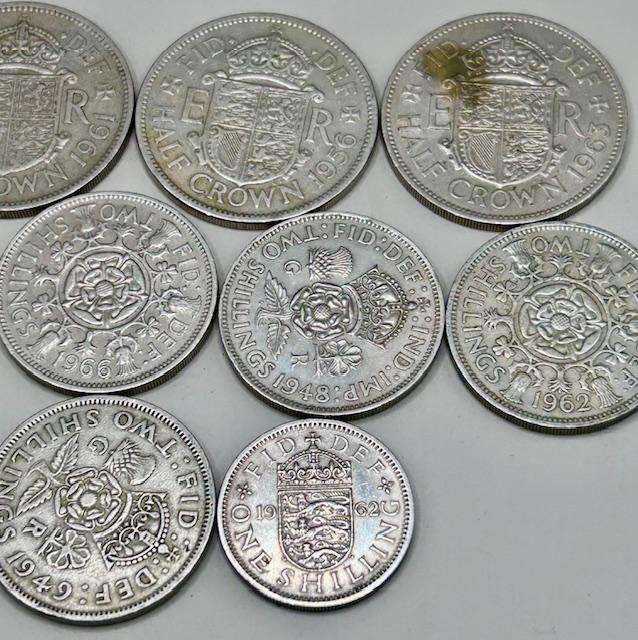 BRITISH COLLECTABLE HALF CROWS, ONE SHILLINGS AND HALF SHILLINGS (9COINS)