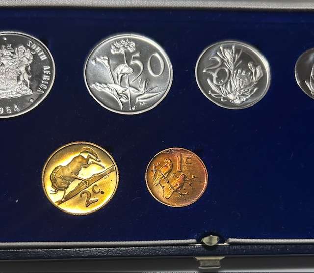 1984 South Africa Proof set Silver R1 to 1 cent and Nickel R1 in ORIGINAL blue SA mint box