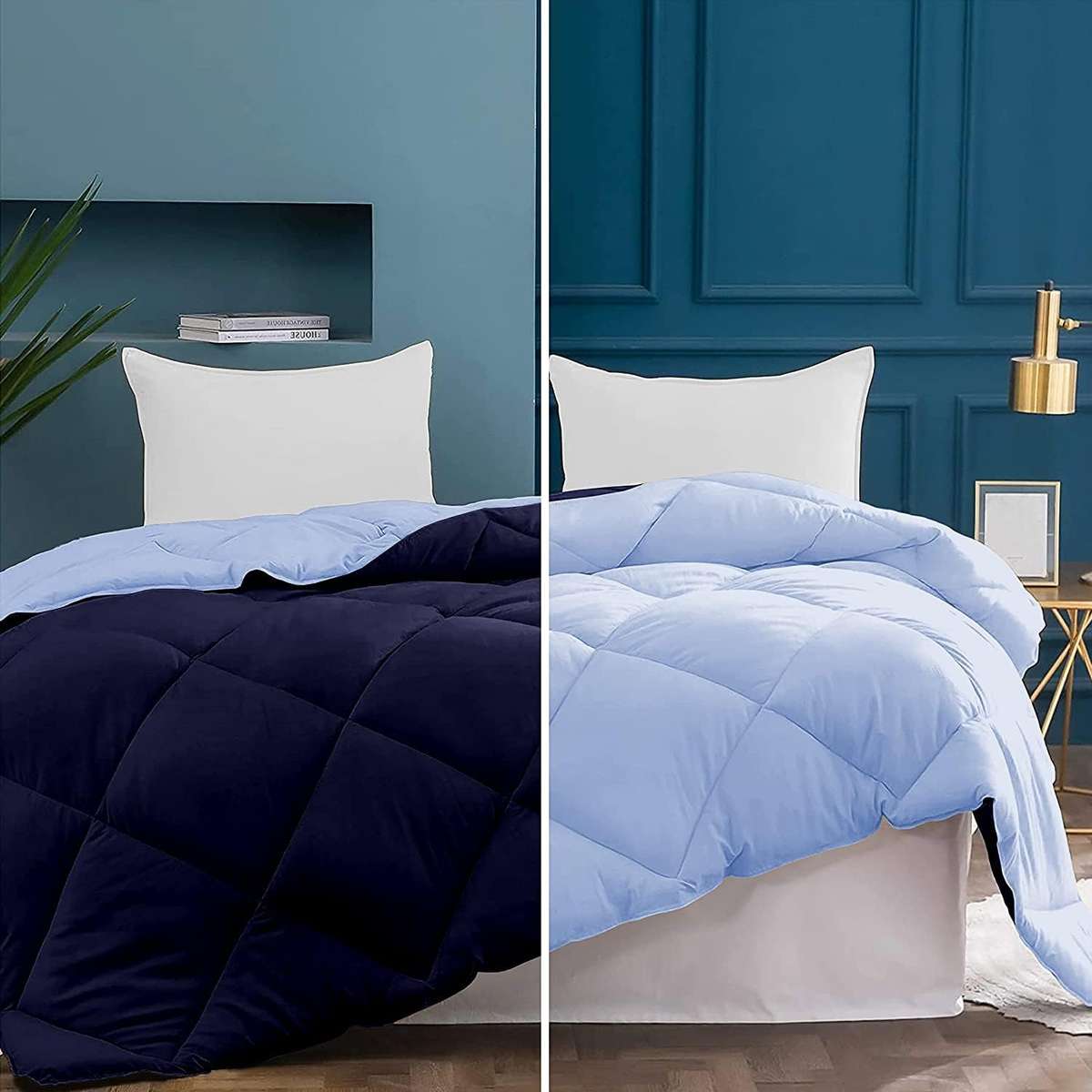 Blue/Navy Blue 5pc Queen 2 King Microfibre Reversible Comforter Set