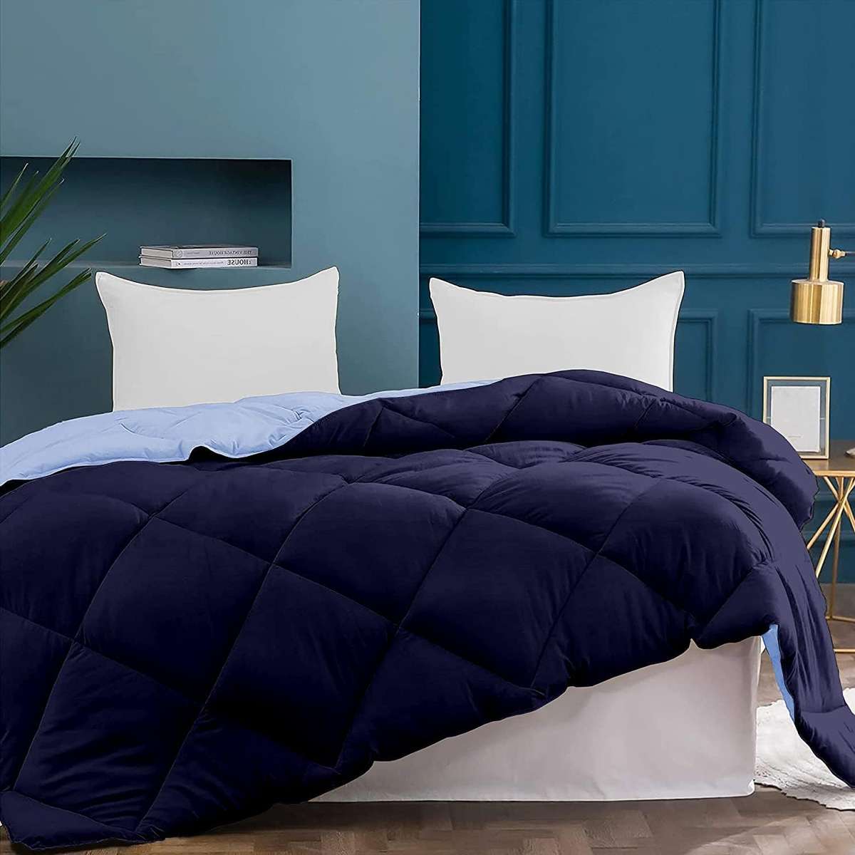 Blue/Navy Blue 5pc Queen 2 King Microfibre Reversible Comforter Set