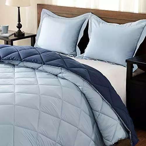 Blue/Navy Blue 5pc Queen 2 King Microfibre Reversible Comforter Set