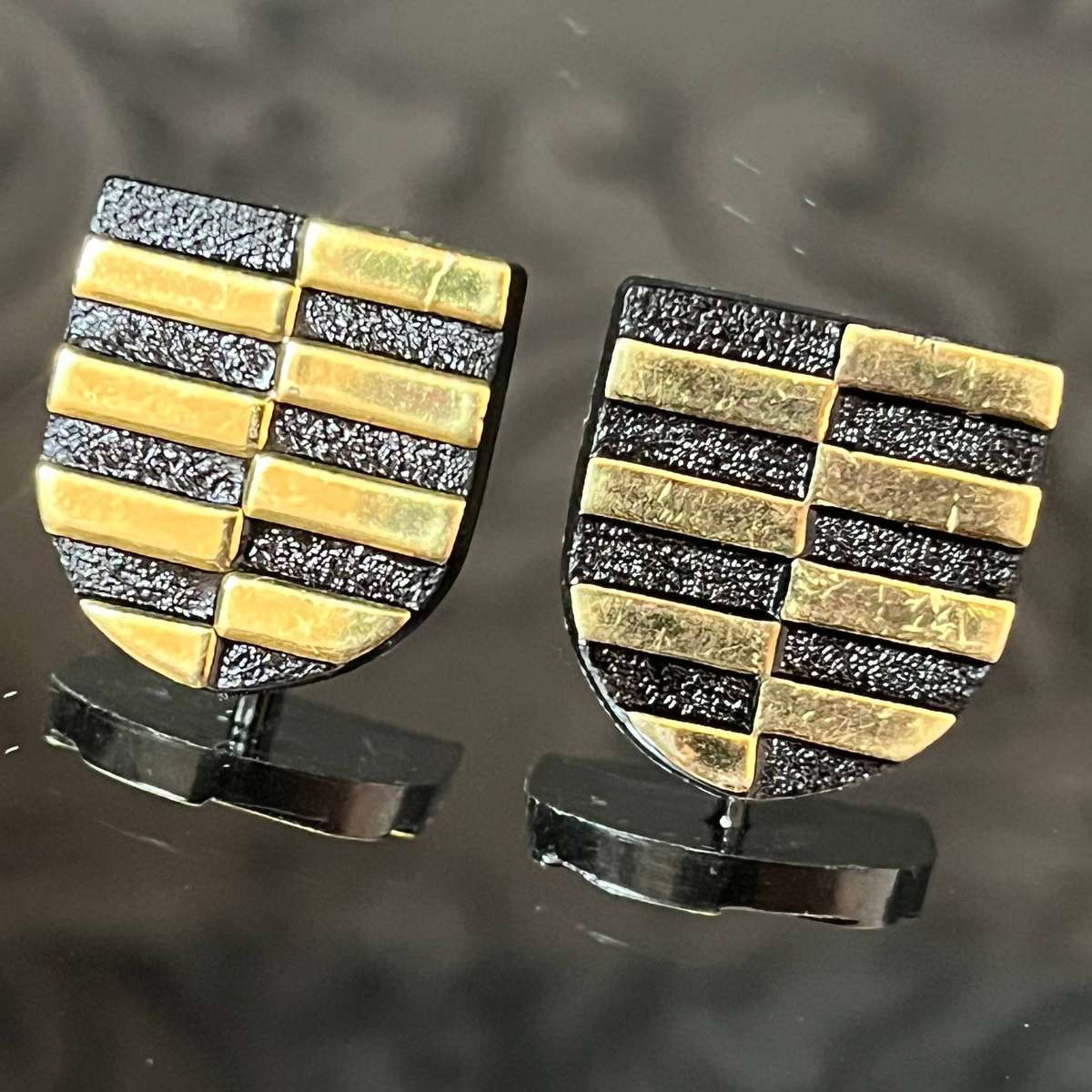 Collectors Pair of Cufflinks  Black Enamel & Gold-Tone Shield Design
