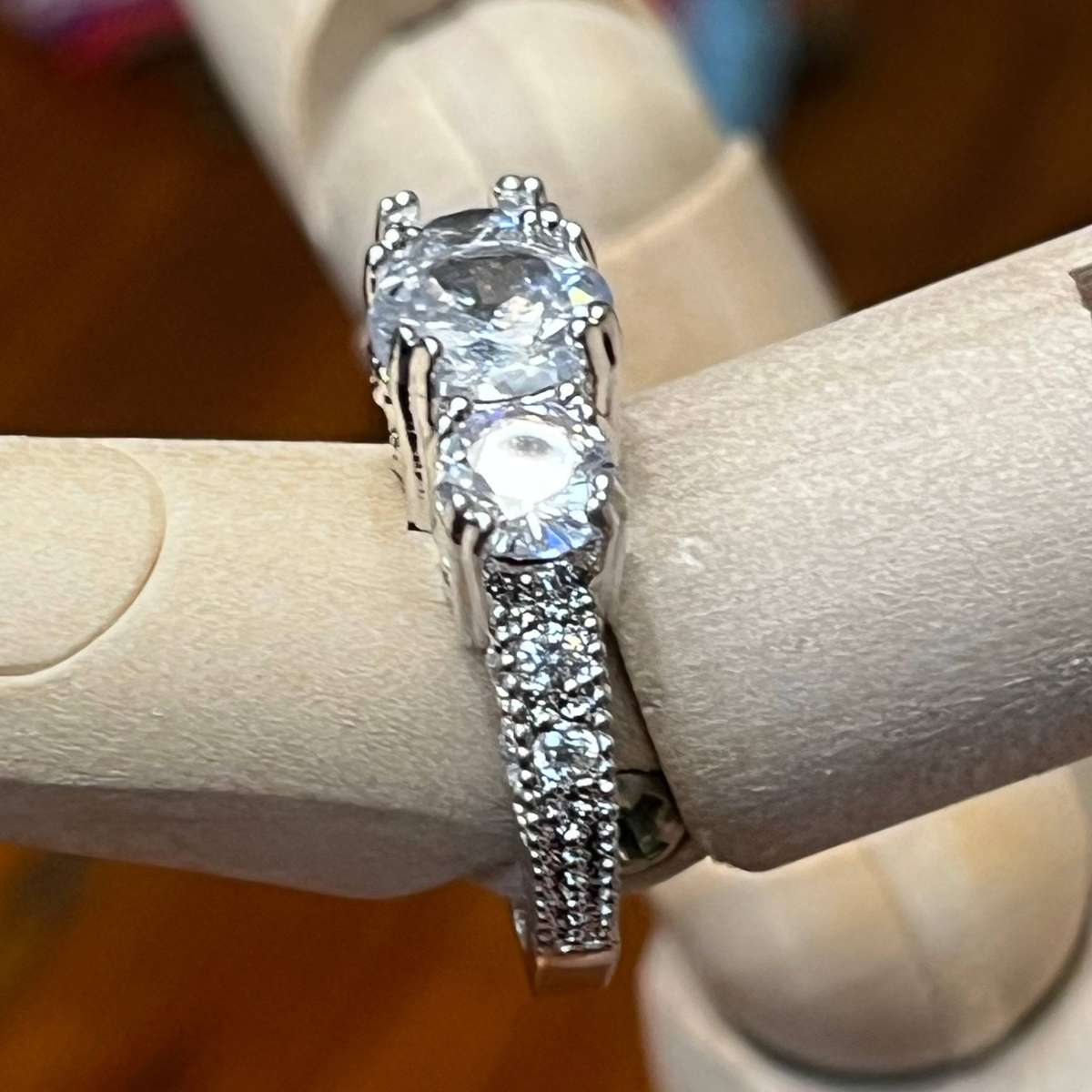 Sterling Silver Ring with Three Large Clear Stones & Paved Band  Statement Design