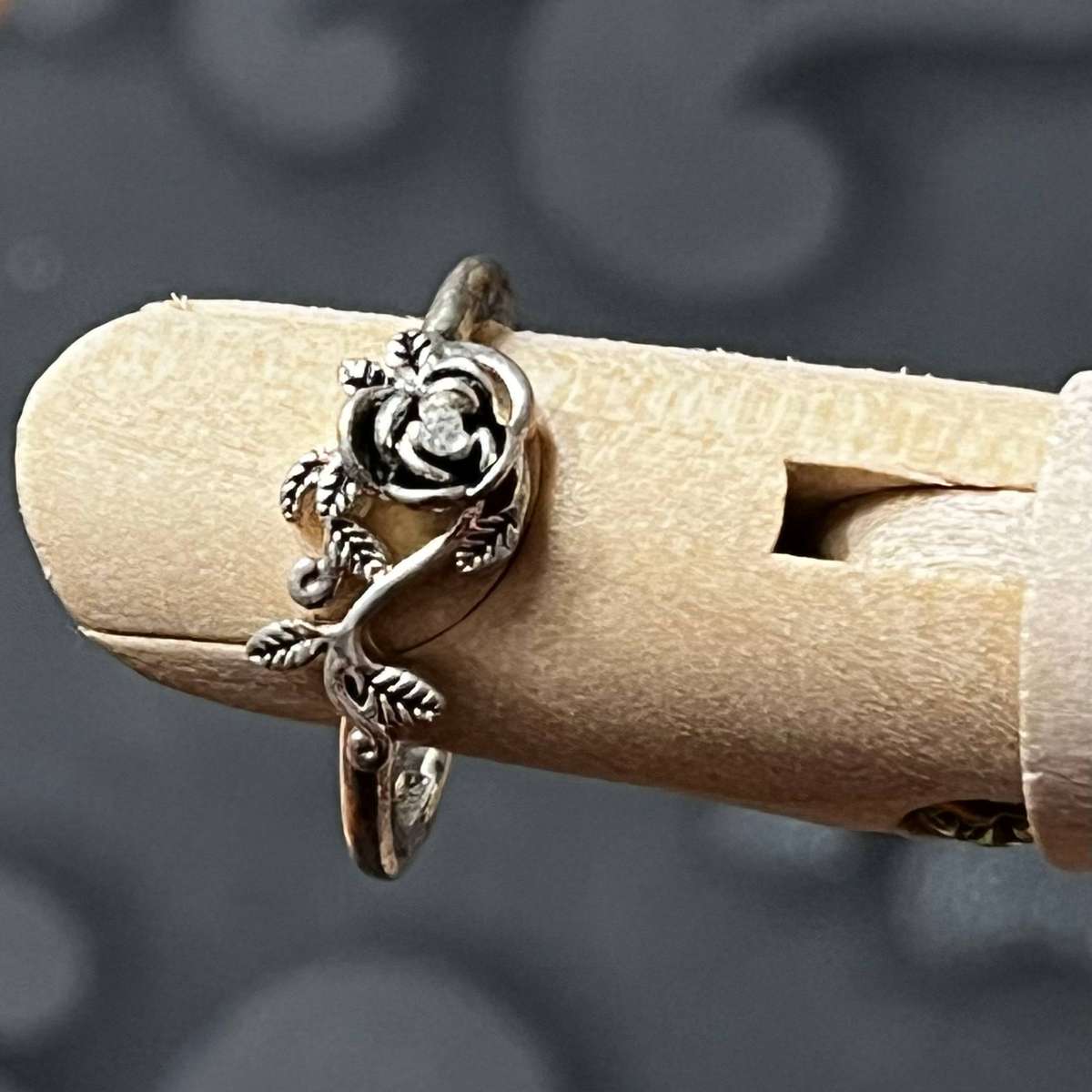 Sterling Silver Rose Motif Ring with Clear Accent Stone