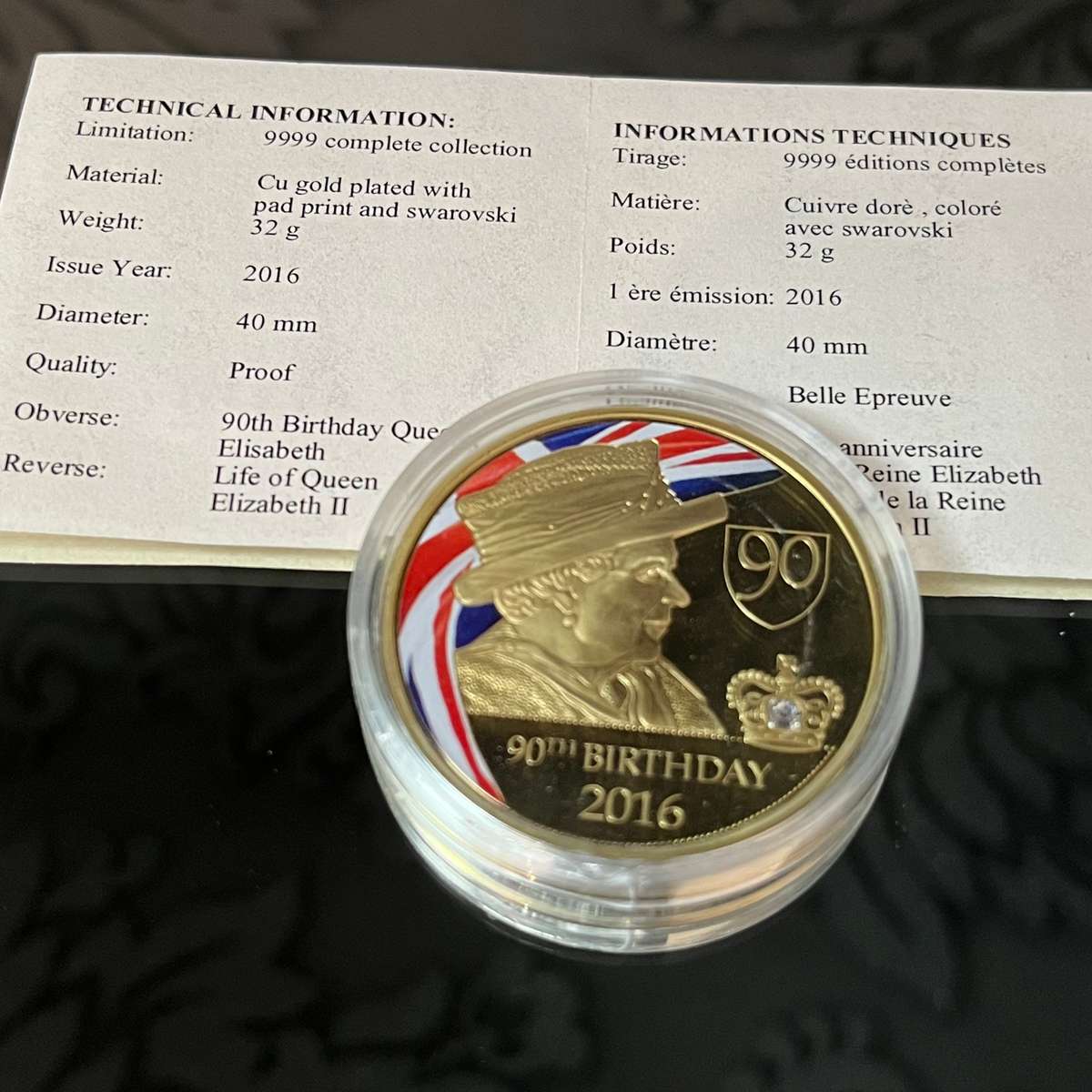 Queen Elizabeth II 90th Birthday Commemorative Proof Coin (2016)  Gold Plated with Swarovski