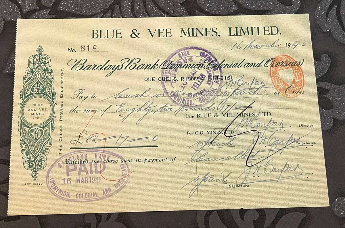 1943 Blue & Vee Mines Ltd Cheque  Que Que, Southern Rhodesia