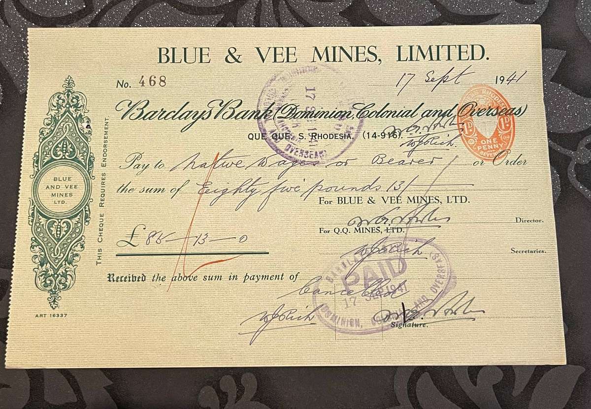 1941 Blue & Vee Mines Ltd Cheque  Que Que, Southern Rhodesia