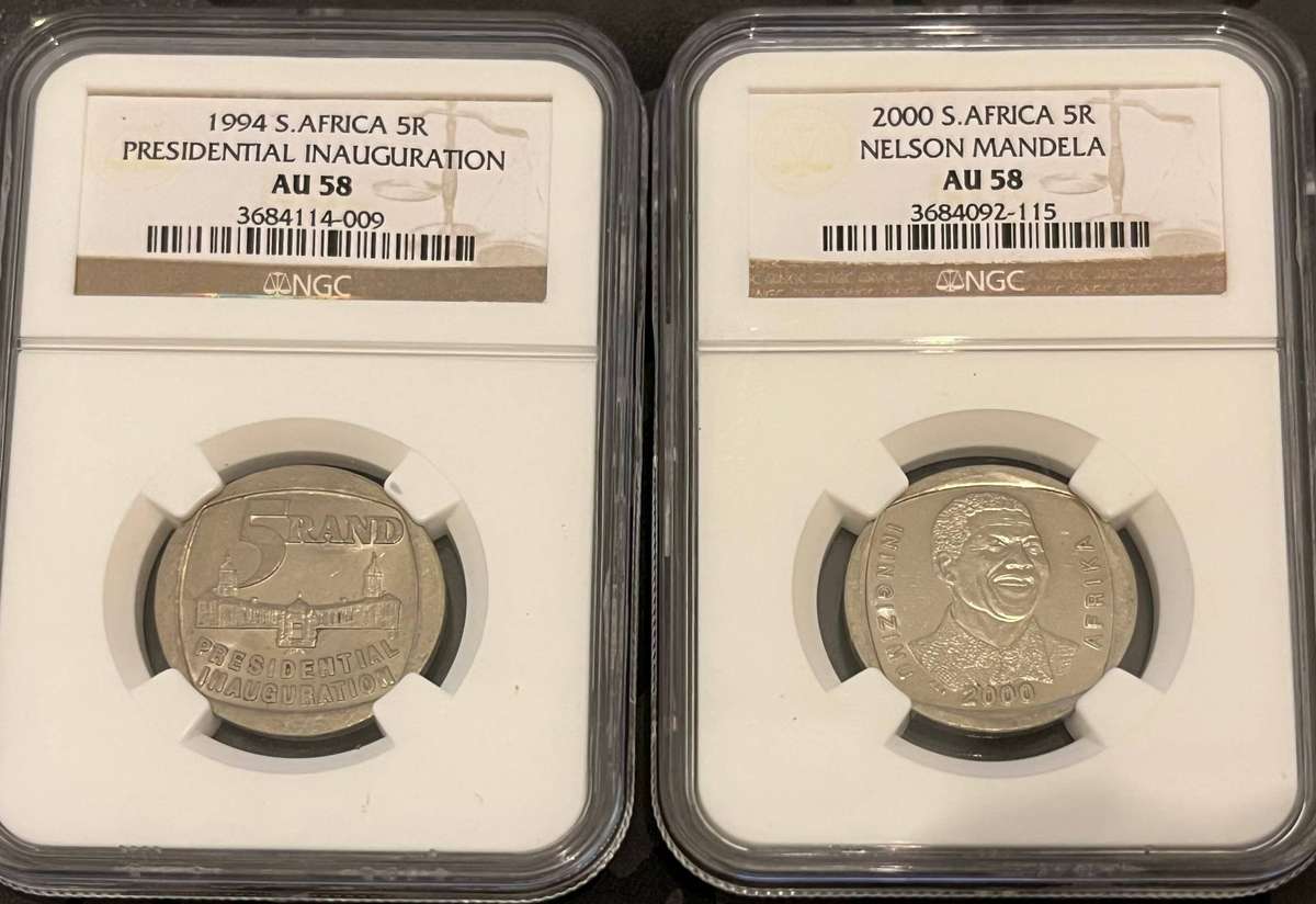 1994 & 2000 South Africa 5 Rand  NGC AU58 Mandela & Inauguration Set