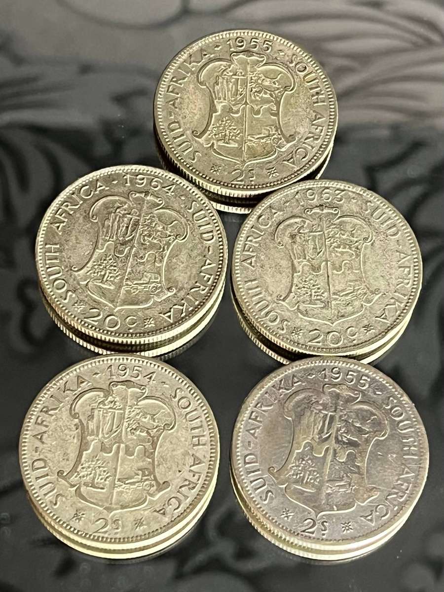 Lot of 5 x South Africa Silver 2 Shillings / 20 Cents Coins  1953 to 1964