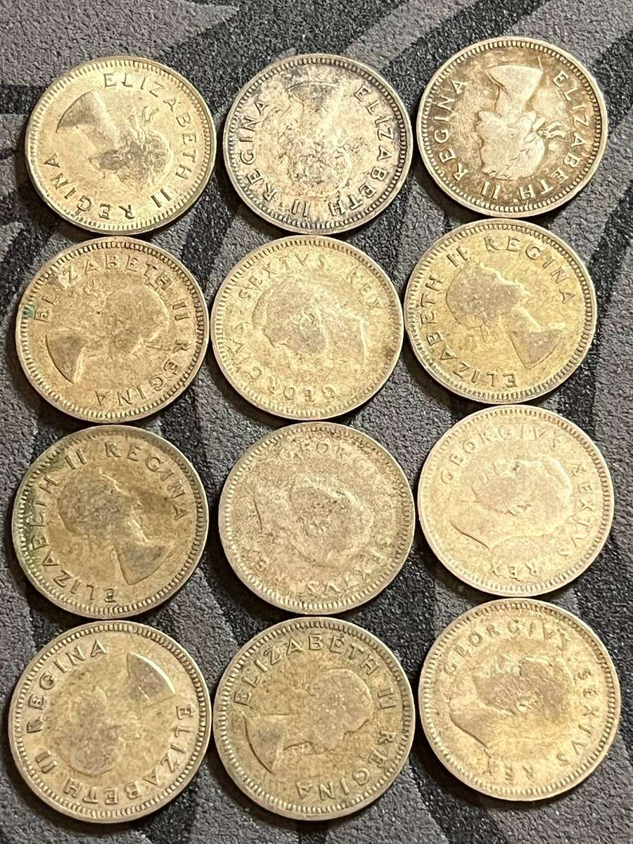 19521959 South Africa Silver 3 Pence Lot (12 Coins)