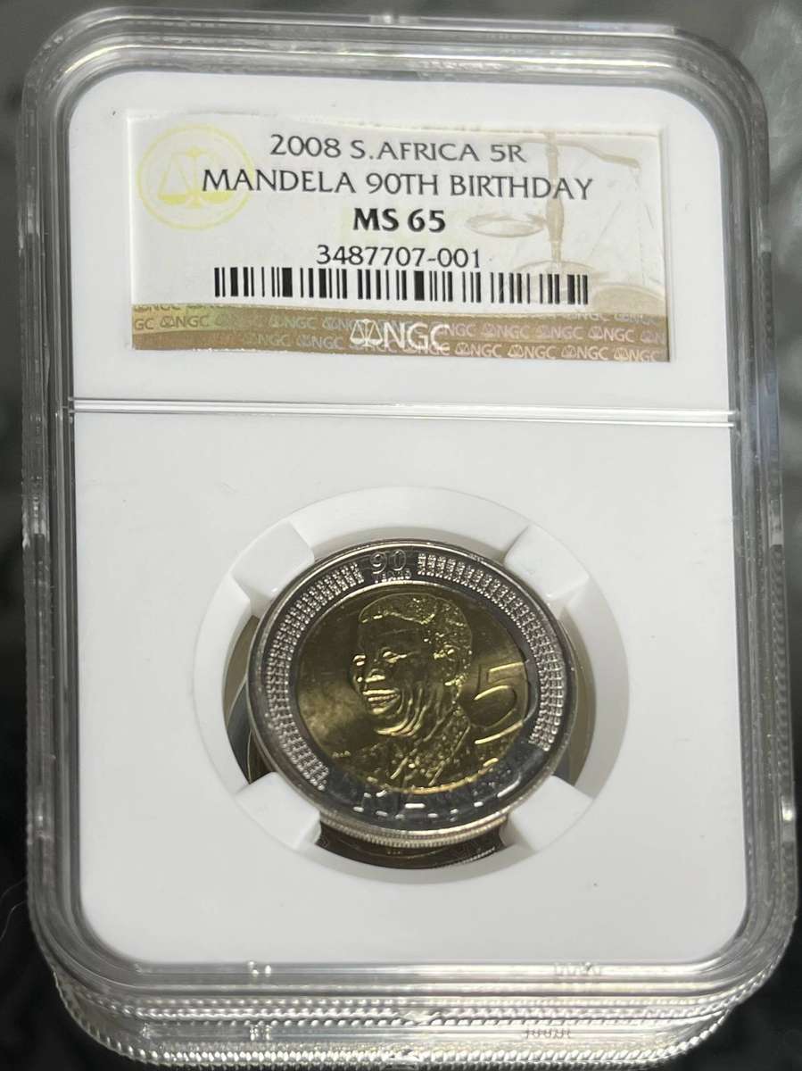 2008 South Africa R5  Mandela 90th Birthday  NGC MS65 Graded Coin 