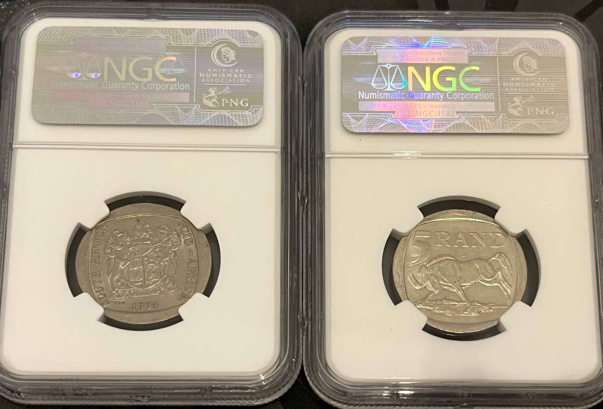 1994 & 2000 South Africa 5 Rand  NGC AU58 Mandela & Inauguration Set