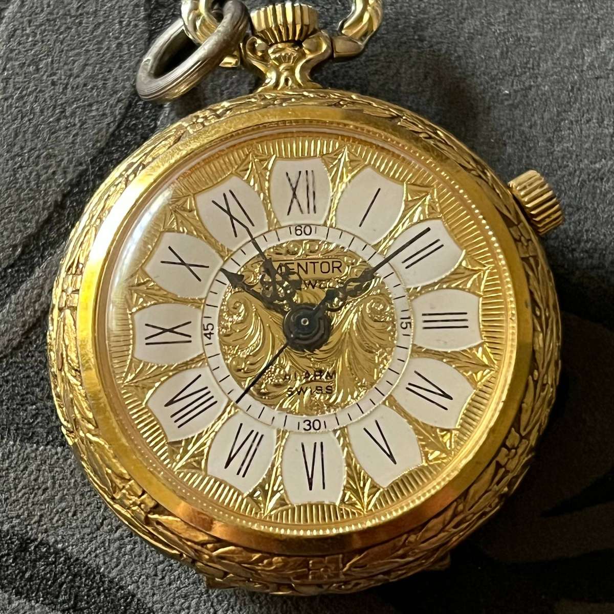  Vintage Mentor Swiss Mechanical Pocket Watch  Ornate Gold-Tone Case  Fully Working