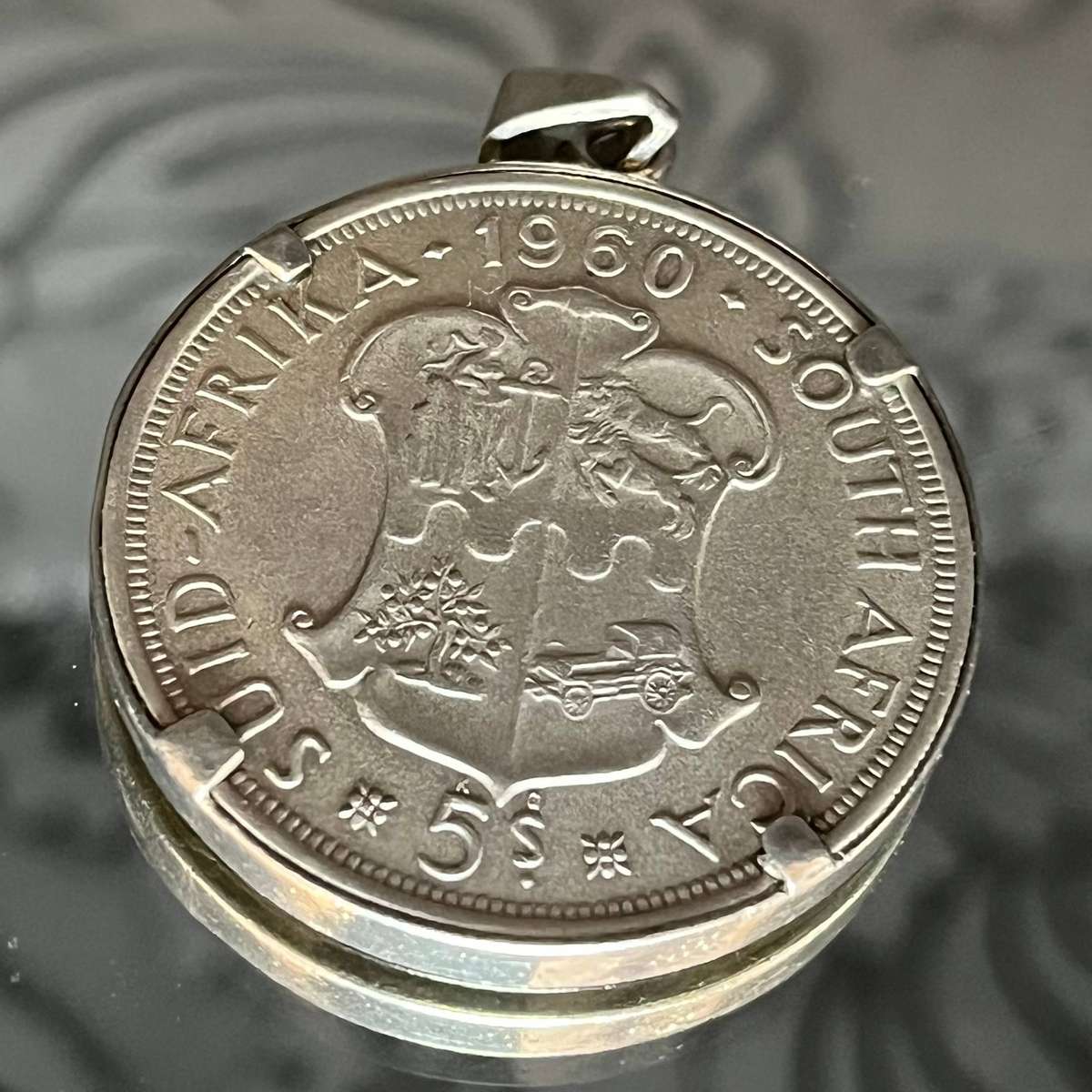  1960 South Africa 5 Shillings Silver Coin  Mounted Pendant Jewelry