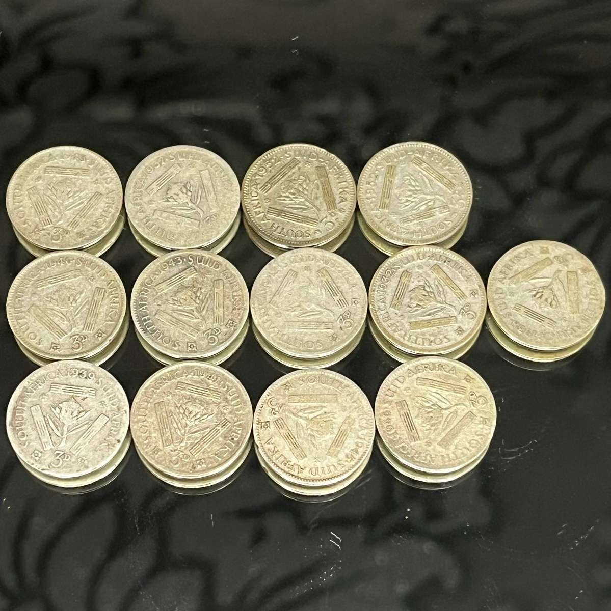 South Africa  Lot of 13x Silver Threepence Coins (1930s1940s, 80% Silver)