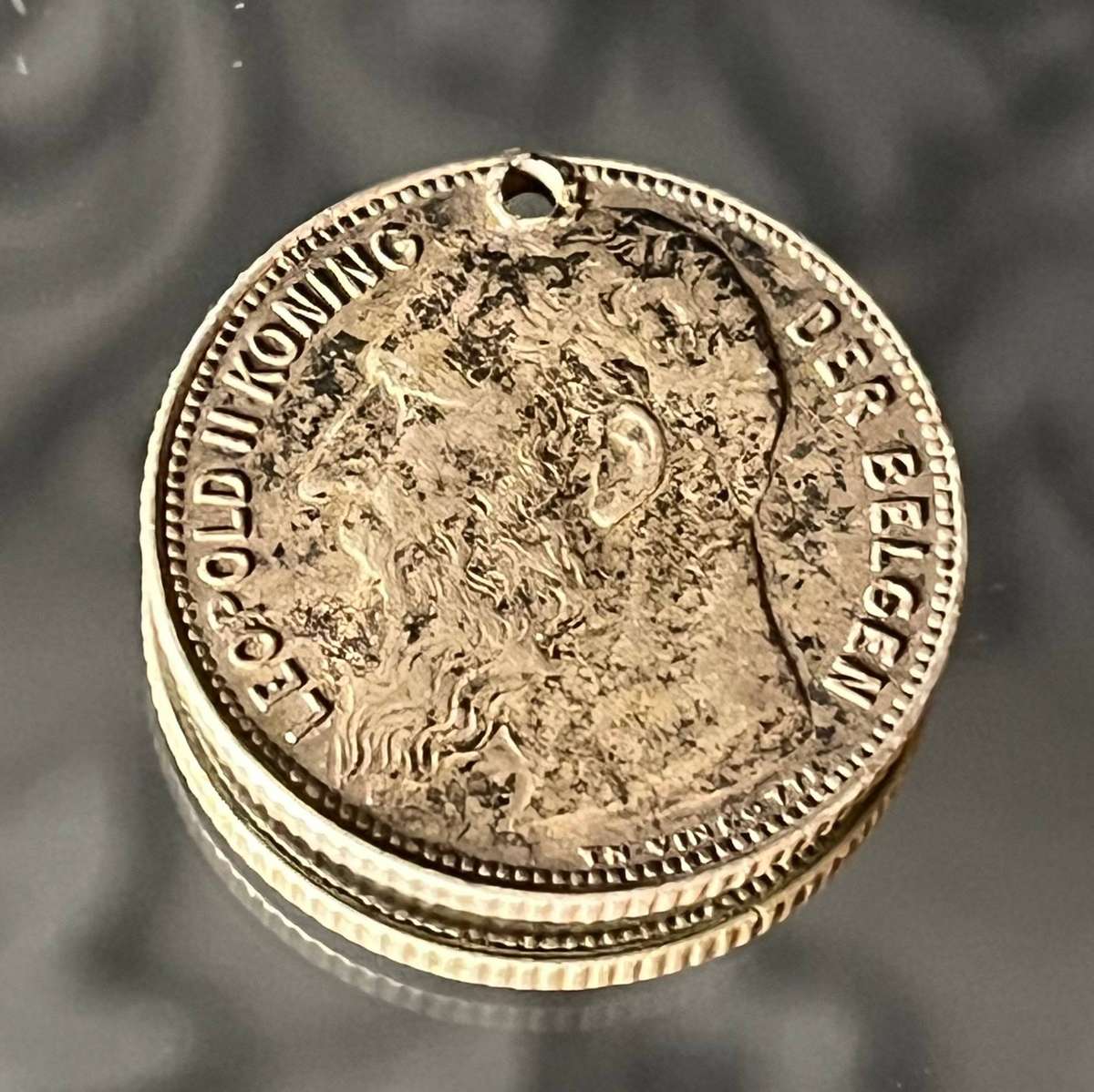 1909 Belgium 1 Franc Silver  King Leopold II  Holed Pendant Coin