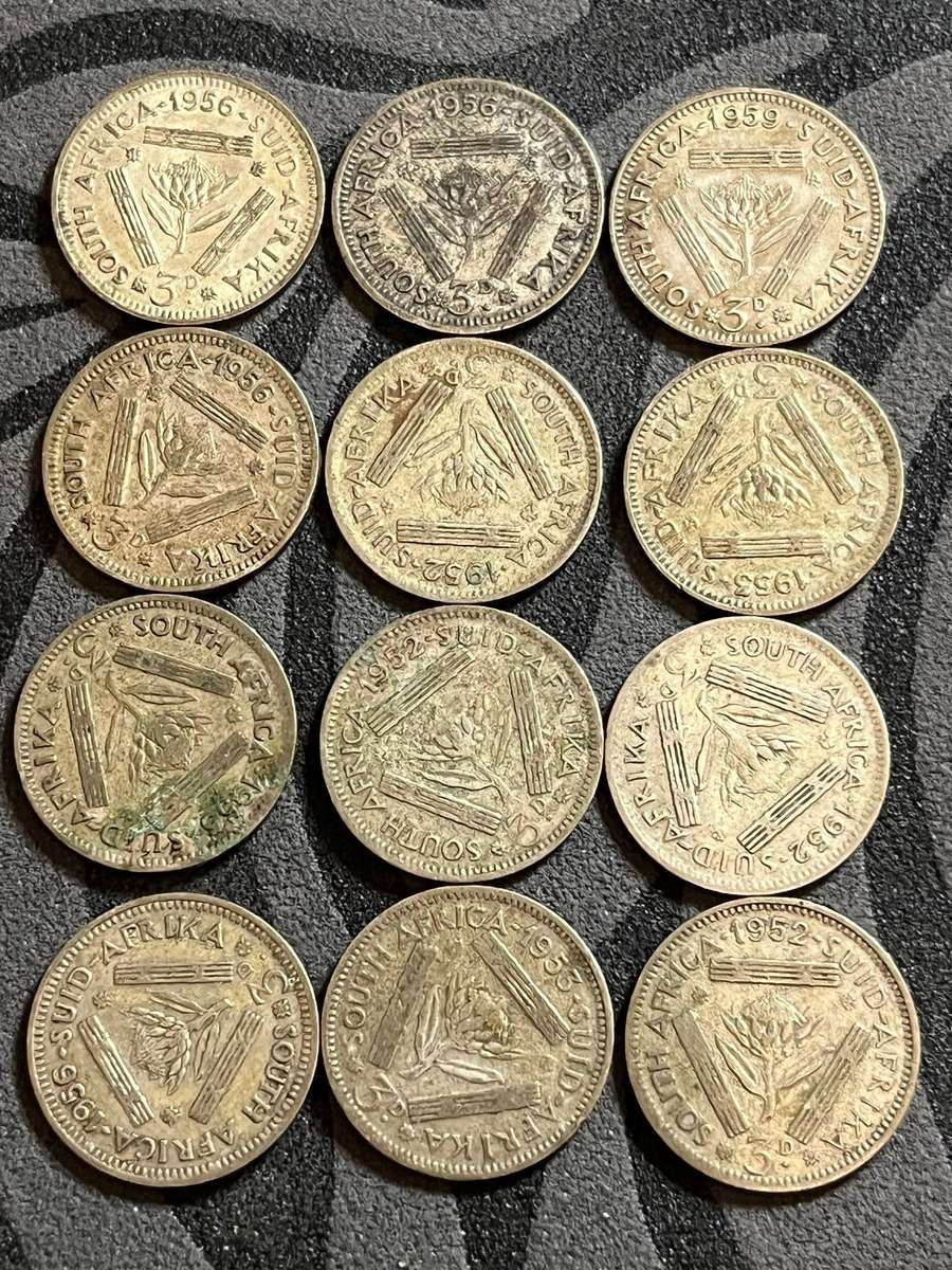 19521959 South Africa Silver 3 Pence Lot (12 Coins)