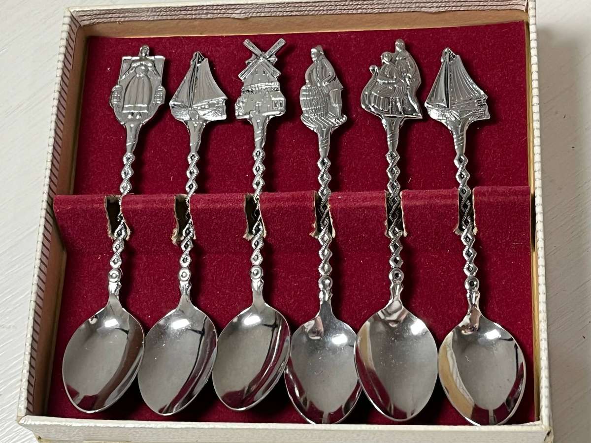  Vintage Dutch Souvenir Spoon Set  Windmill & Folk Design