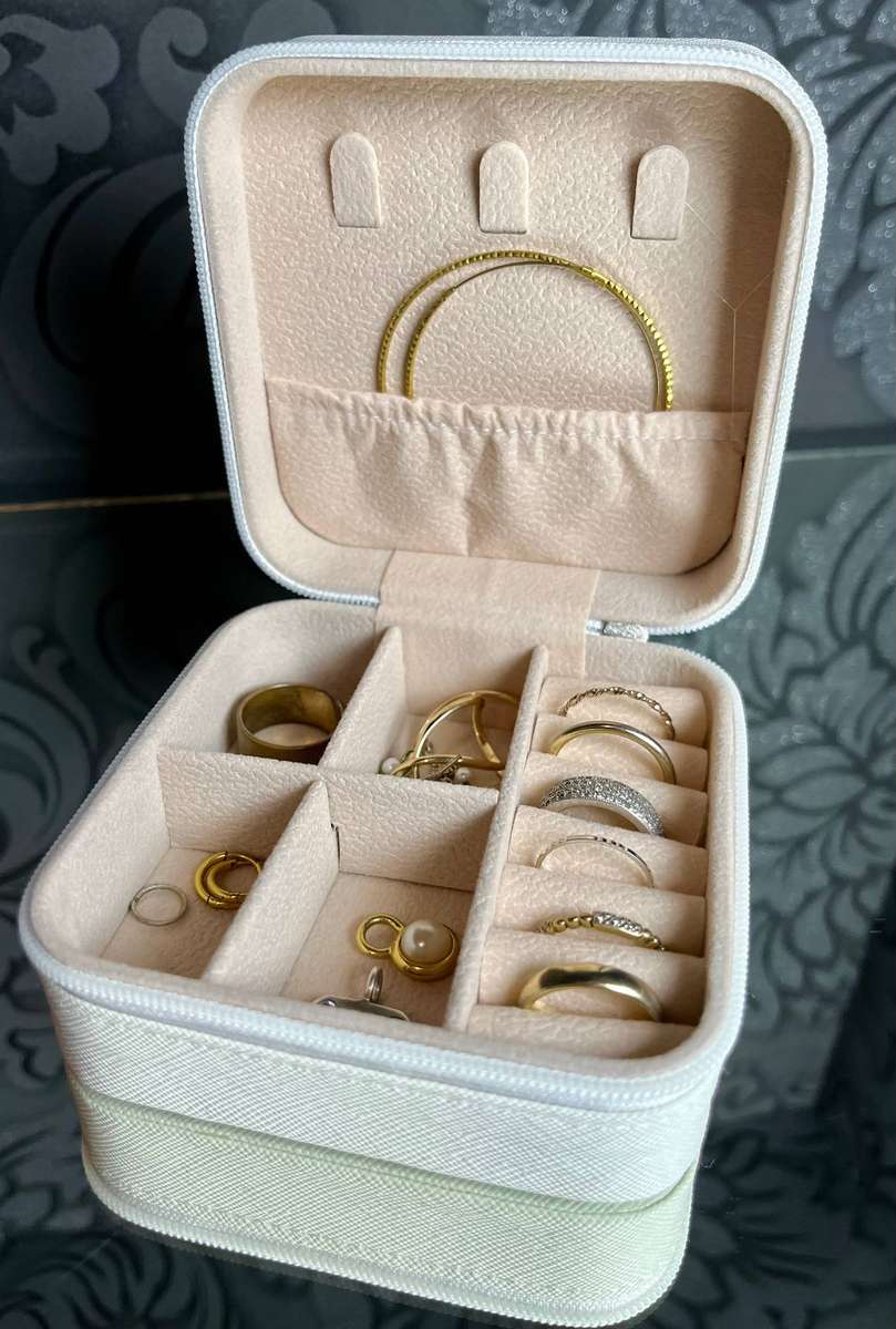 White Travel Jewelry Box  Compact Organizer with Zip & Velvet Interior