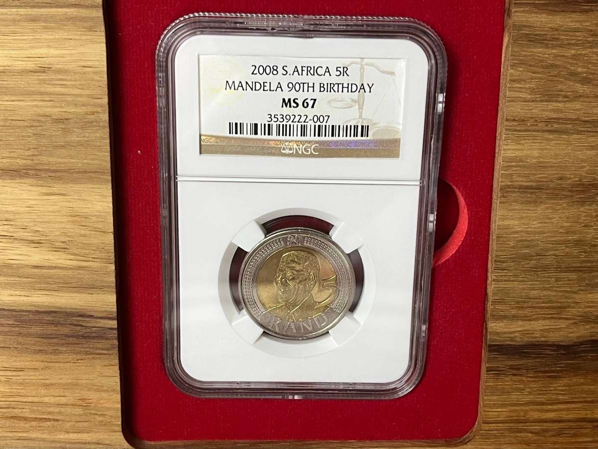 2008 Mandela 90th Birthday 5 Rand Prestige Graded Set  NGC MS65, MS66, MS67  Wooden Case & COA