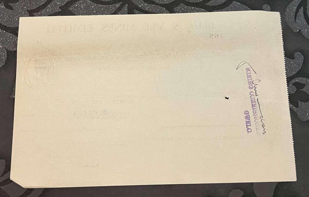 1941 Blue & Vee Mines Ltd Cheque  Que Que, Southern Rhodesia