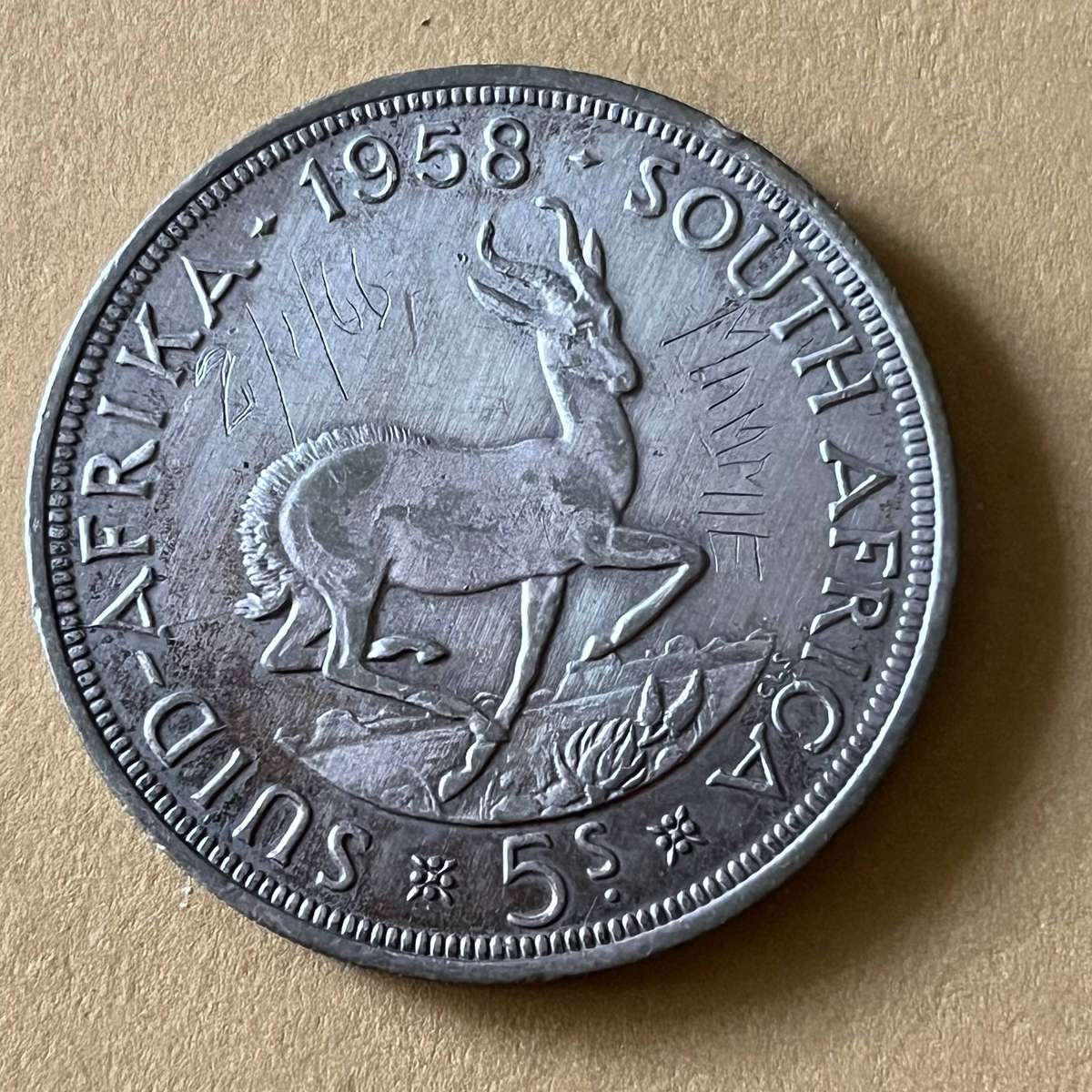 1958 South Africa Silver 5 Shillings  Springbok Crown  Queen Elizabeth II