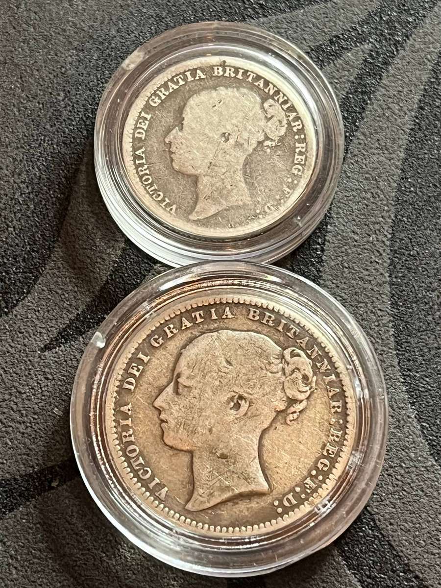 1873 & 1880 Great Britain Sterling Silver Coin Set  Queen Victoria (1 Shilling & 6 Pence)