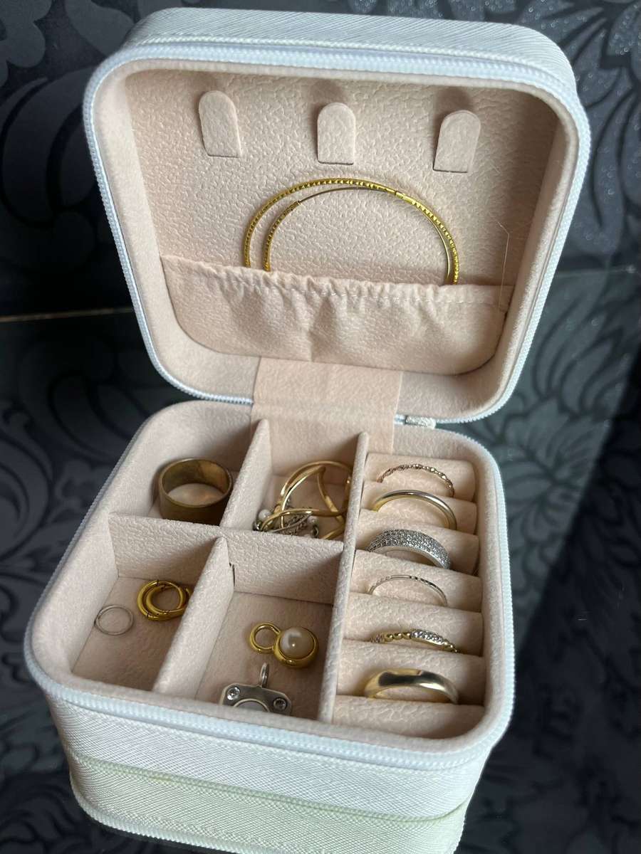 White Travel Jewelry Box  Compact Organizer with Zip & Velvet Interior