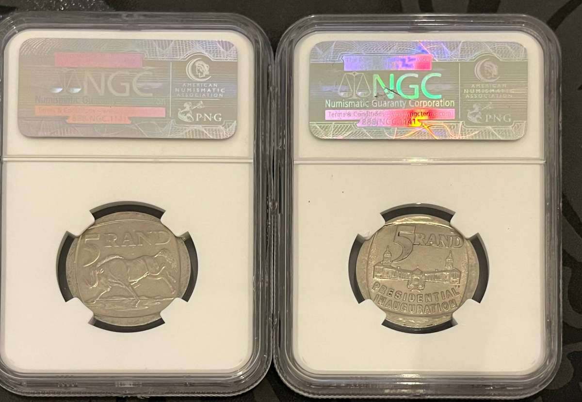 1994 & 2000 South Africa 5 Rand  NGC AU58 Mandela & Inauguration Set