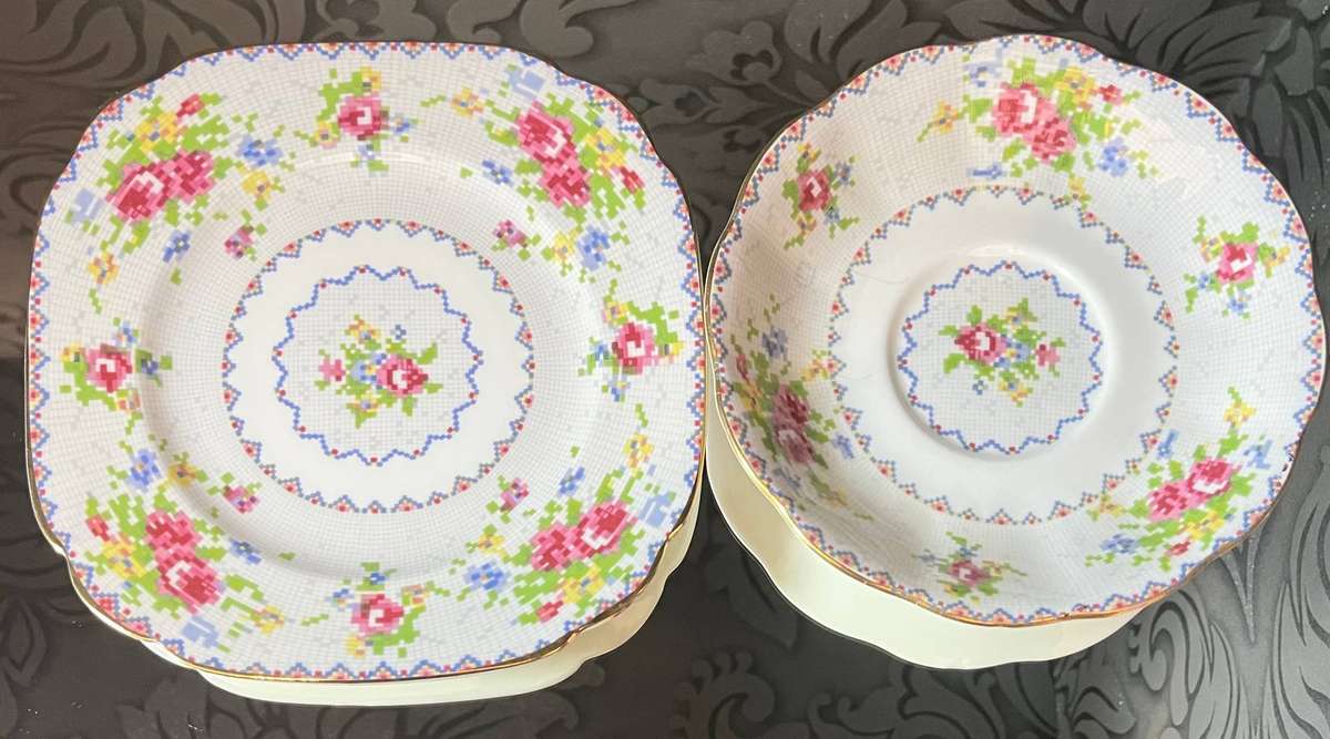 Vintage Royal Albert Petit Point Trio  Bone China England  Cross Stitch Rose Pattern !!R1!!