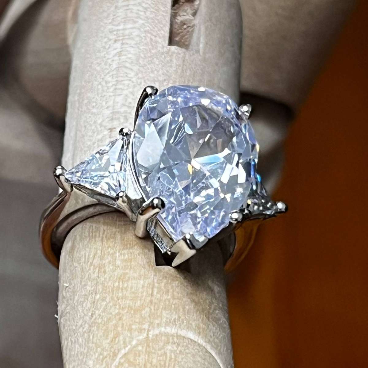 Sterling Silver Large Oval Clear Stone Ring with Trillion Accents