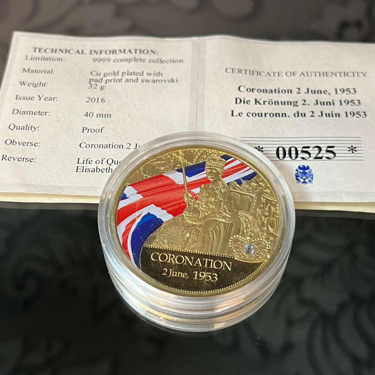 2016 Queen Elizabeth II Coronation Proof Coin  Gold-Plated with Swarovski - Limited Edition #525