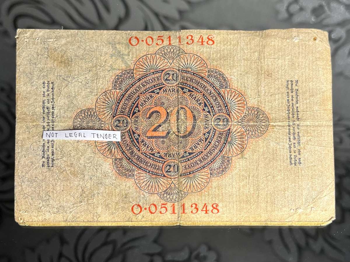  1914 Germany 20 Mark Banknote  Reichsbanknote, Berlin Issue