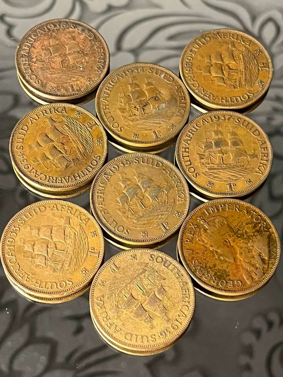  Lot of 9 x South Africa 1 Penny Coins