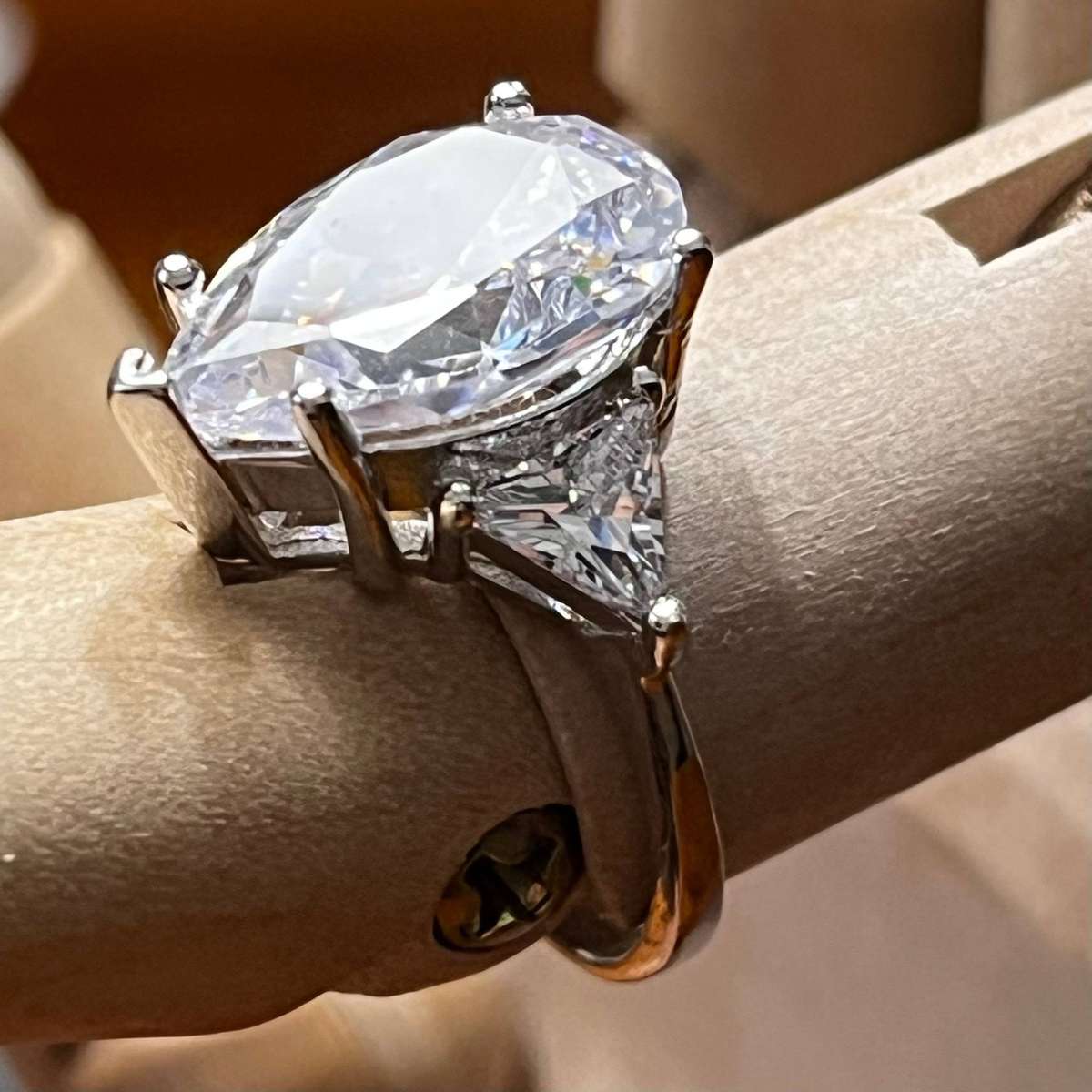 Sterling Silver Large Oval Clear Stone Ring with Trillion Accents