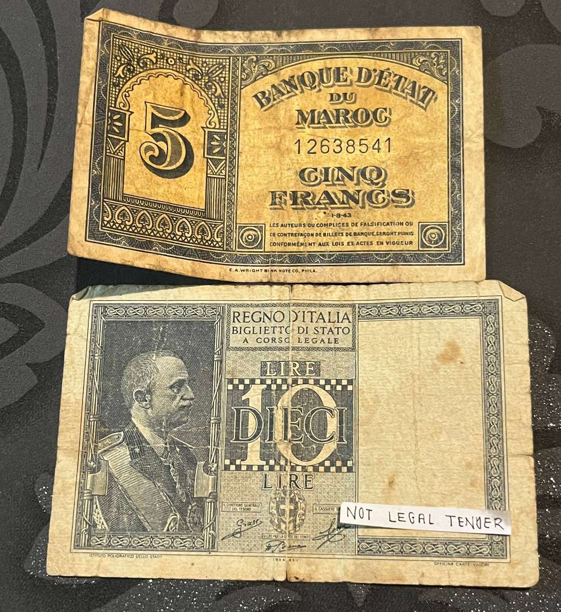  Morocco & Italy Vintage Banknote Pair  5 Francs & 10 Lire