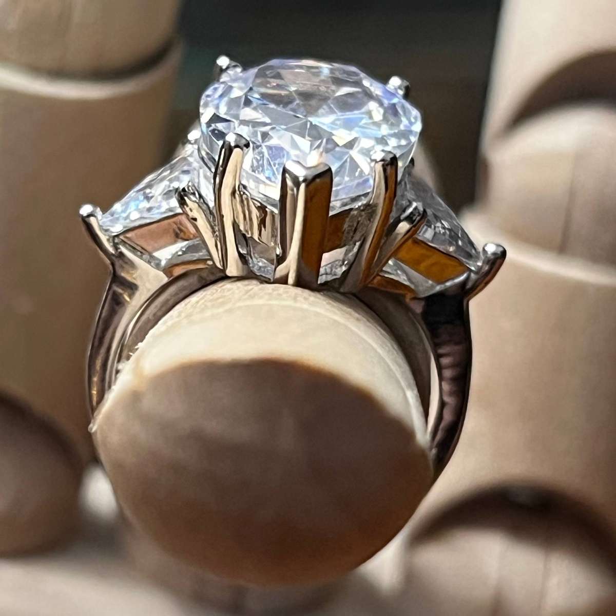 Sterling Silver Large Oval Clear Stone Ring with Trillion Accents