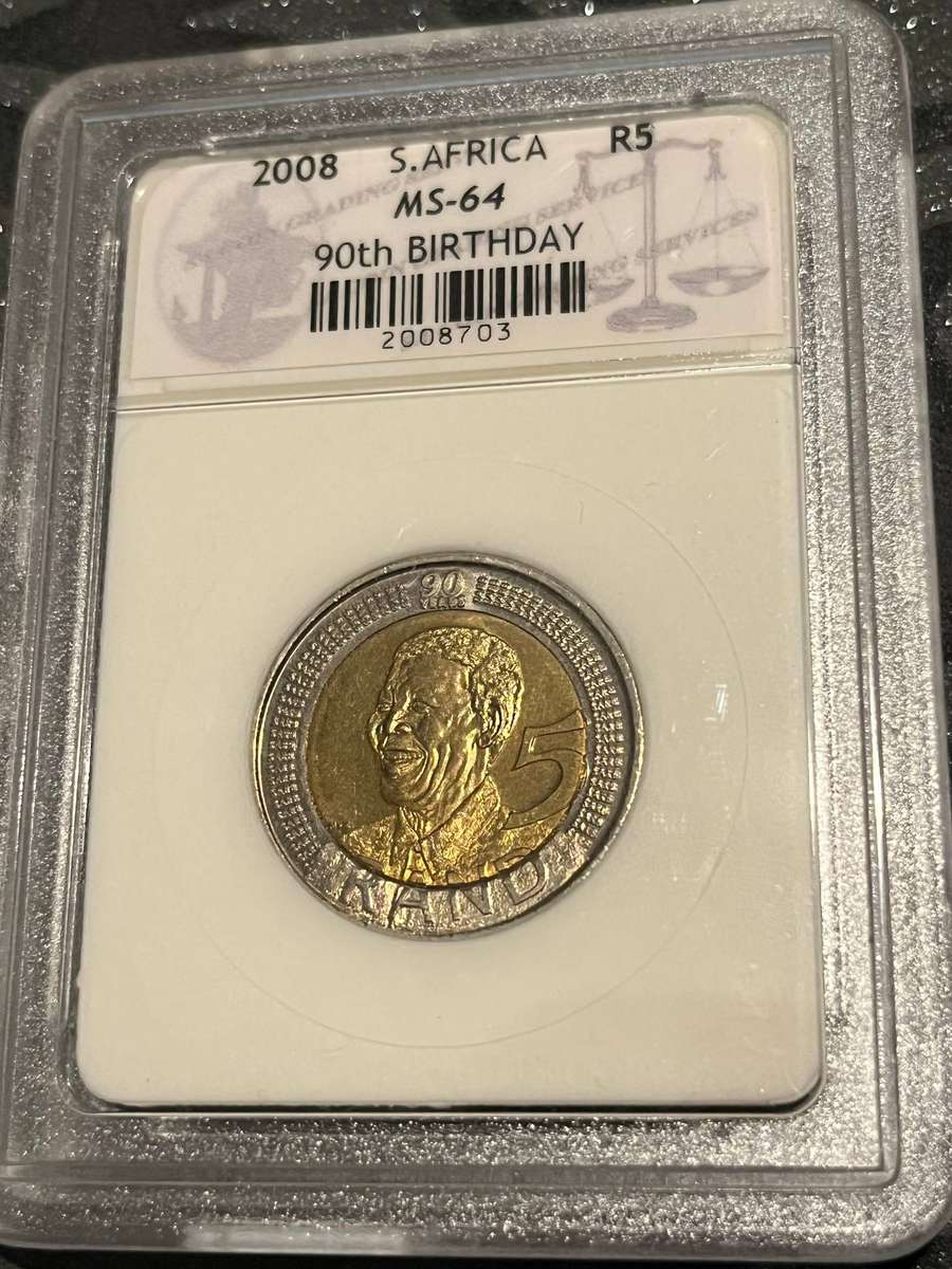 2008 South Africa 5 Rand  Mandela 90th Birthday  SACGS MS64